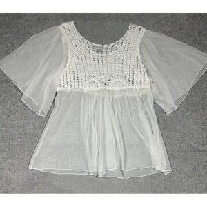 Dress Barn Top Womens XL White Crochet Sheer Boho‎ Ethereal Fairy Babydoll